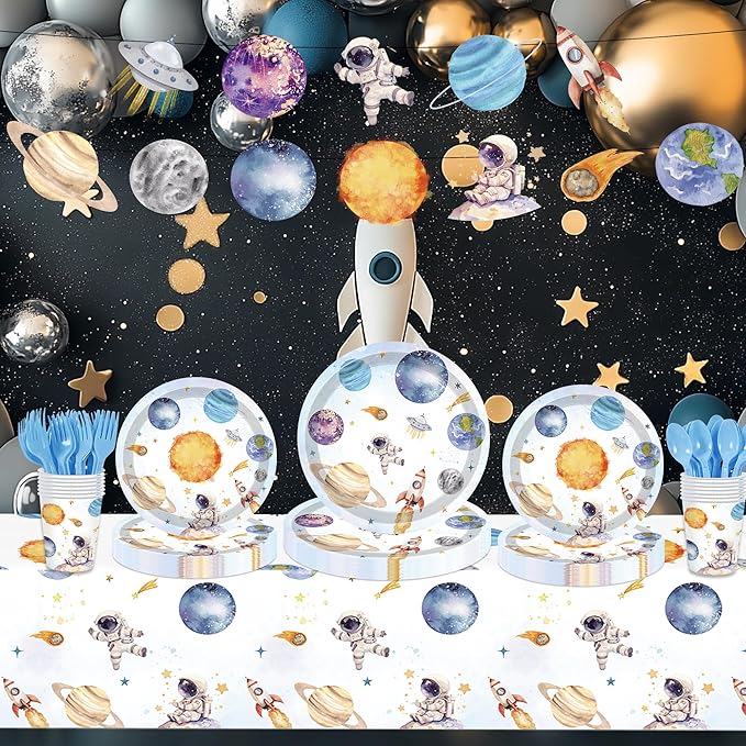 142PCS Space Themed Paper Plates Party Supplies Decorations, Birthday Paper Plates First Trip Around The Sun Astronaut Planet Cake Plate Tableware Dinner Set for Boys Girls Birthday Shower Forks
