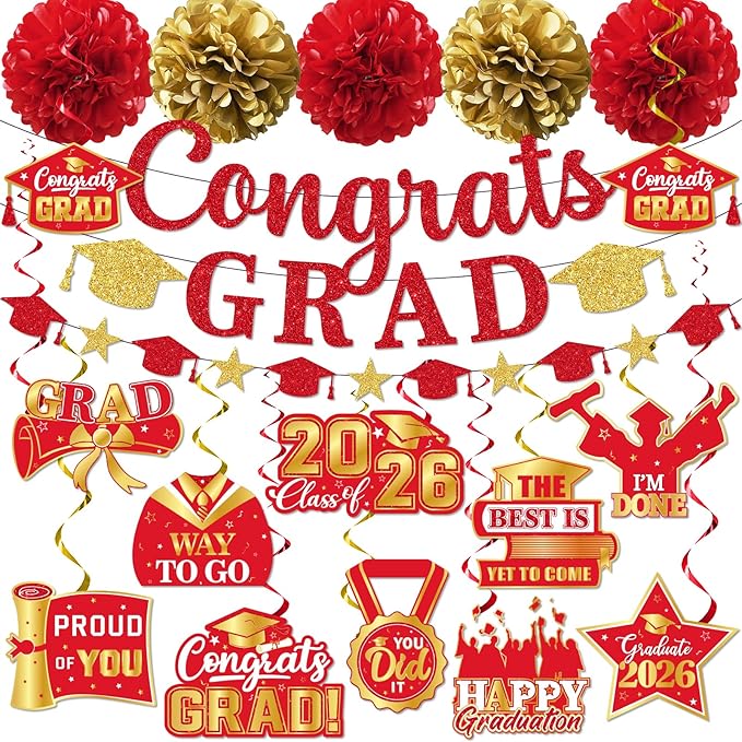 Red Graduation Decorations, Glitter Congrats Grad Banner Hanging Swirls and Tissue Pom Poms, Red and Gold Graduation Decorations for Class of 2026 College Graduations Party Decorations