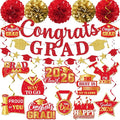 Red Graduation Decorations, Glitter Congrats Grad Banner Hanging Swirls and Tissue Pom Poms, Red and Gold Graduation Decorations for Class of 2026 College Graduations Party Decorations