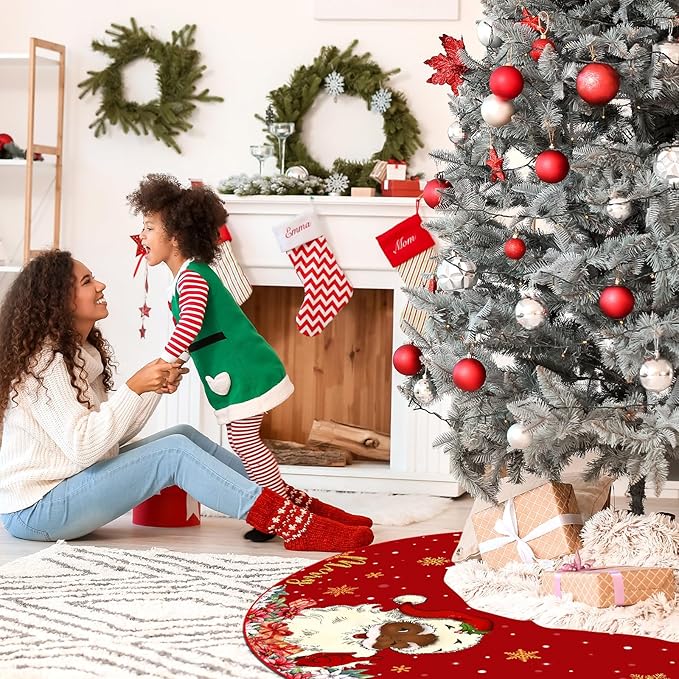 48 Inch Christmas Tree Skirt Double Layer Large Snowflake Xmas Tree Mat Decor for Winter Holiday Party Indoor Outdoor Christmas Decorations(Red,Santa Claus)