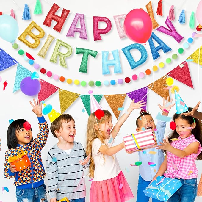 5 Pcs Pre-strung Rainbow Happy Birthday Banner Set, Felt Glitter Happy Birthday Garland with Ball Garland, Pennant Flags and Tassels, Birthdays Party Decorations for Kids and Adults
