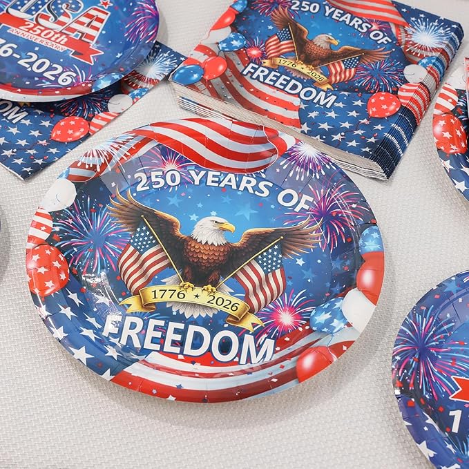 Probsin 250th Anniversary Plates and Napkins Set for 24-Disposable Paper Plates, Napkins, Cups, 250 Years of Freedom 1776-2026 American Eagle Patriotic Party Supplies for Outdoor Picnic