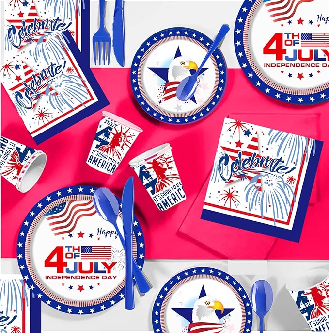 4th of July Party favor Tableware Set, 25 Set American Flag Disposable Dinnerware Set - Patriotic Party Supply - Red Blue White Plates Napkins Cups, Forks Spoons for Independence Memorial Day
