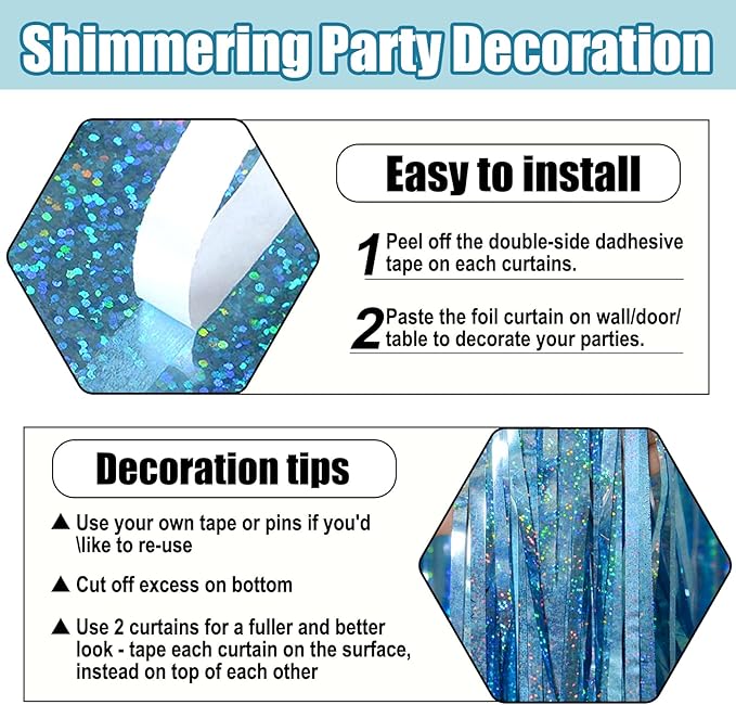 3 Pack Light Blue Foil Fringe Curtain Backdrop, 3.28Ft x 8.2Ft Metallic Tinsel Foil Fringe Streamer Curtains for Photo Booth, Mother's Day, Easter, Birthday, Wedding Party Decorations