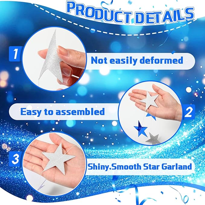 Spakon 65 Feet Glitter Star Shaped Paper Garland Banner Hanging Decoration Star Streamer Double Side 2026 Graduation Decorations for Wedding Birthday New Year Party Decoration(Silver and Blue)
