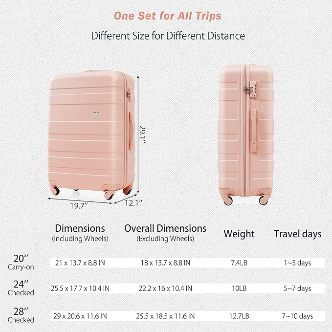 24 Inch Checked Suitcase with TSA Lock Travel Duffel Bag Wet-Dry Toiletry Bag, Pink