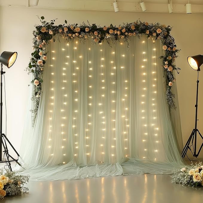 10x10FT Green Wrinkle Free Backdrop Curtains with Lights String for Parties - Photo Curtain Backdrop with Lights for Wedding Decorations, Bridal Baby Shower Birthday Party Photography Background