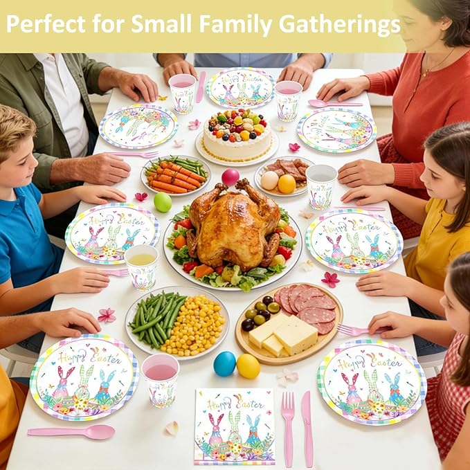 Easter Day Party Disposable Set for 24 Guests - Complete 9'' & 7'' Paper Plates, Napkins, Cups, Knives, Forks & Spoons | Perfect for Easter Brunch, Spring Gatherings, Holiday,Birthday