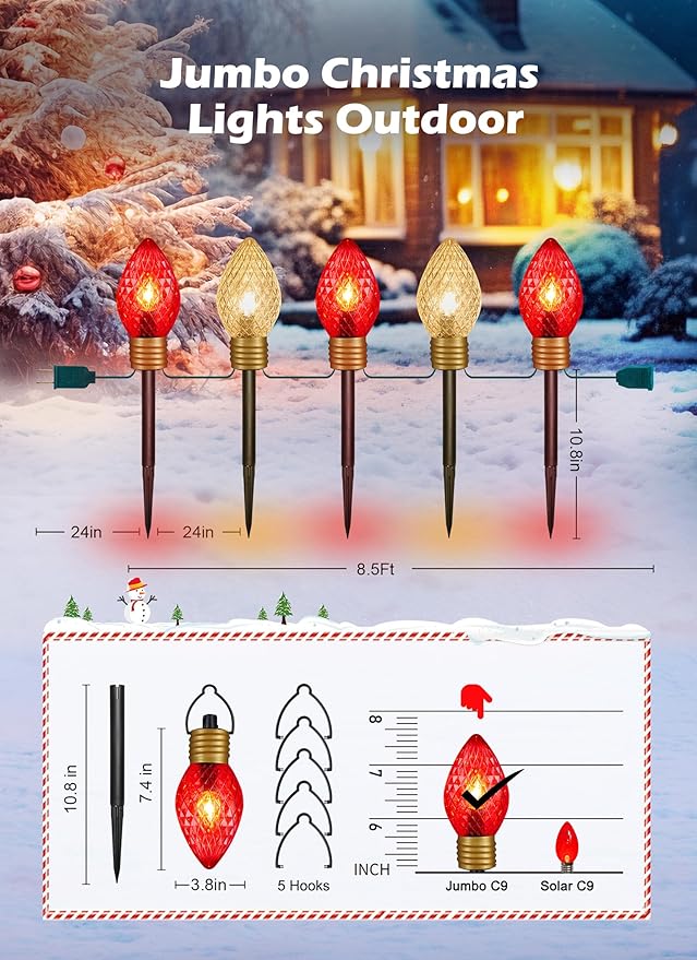 Brightown Strawberry Jumbo C9 Christmas Pathway Lights Outdoor - 2 Pack Total 17 Feet 10 LED Jumbo C9 Walkway Lights, Christmas Light Outdoor Decorations for Lawn Yard Holiday, Red & Warm White