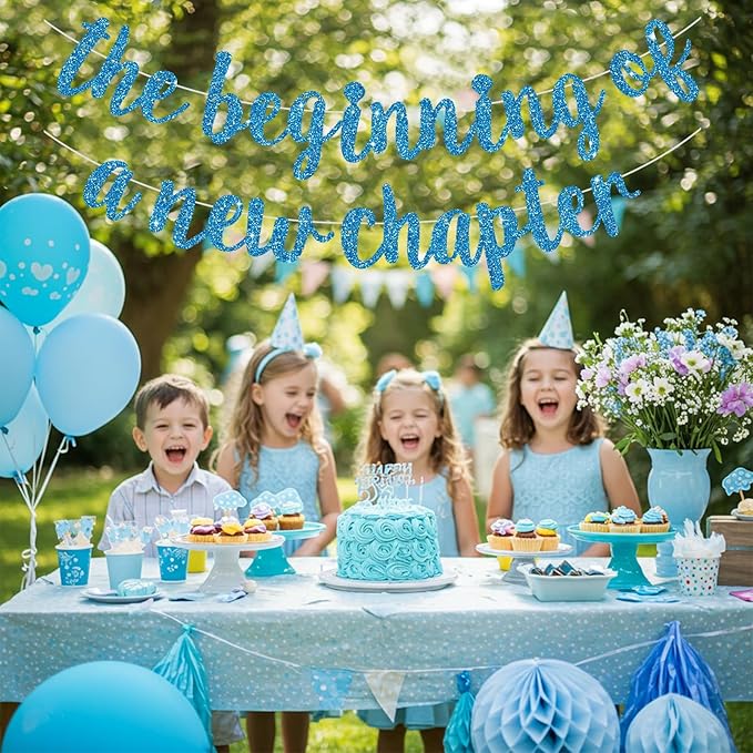 BEISHIDA Glitter Sky Blue The Beginning of A New Chapter Banner,Farewell Book Themed Housewarming Party Congratulations Decorations,Going away party Garland,Graduation Sign 2026 Banner,retirement Supplies