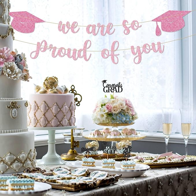Graduation Decor - 9 ft Pink Pre-Strung We Are So Proud of You Banner, Graduation Party Decorations & Decor for Elementary, 5th Grade, 8th Grade, High School, College, Congrats Grad Sign
