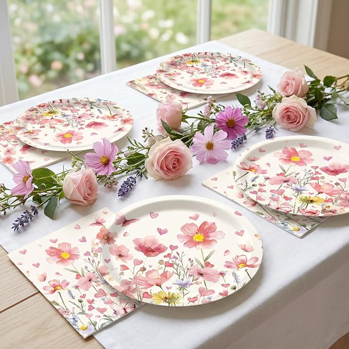 Spring Flowers Plates and Napkins Sets Pink Floral Party Supplies Wildflower 9inch 20pcs Paper Plates and 20pcs Napkins Tableware Party Decorations for Anniversary Wedding Birthday
