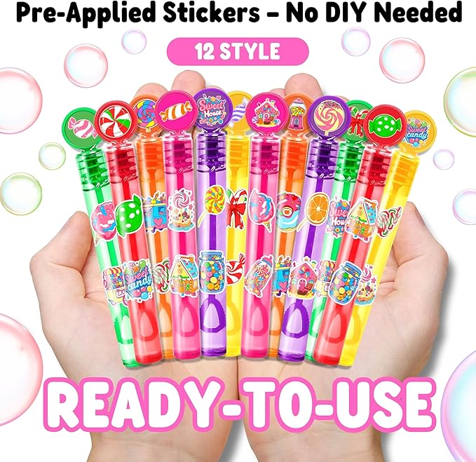 Candyland Party Favors for Kids – 24PCS Sweet-Themed Mini Bubble Wands, Great for Birthday Supplies, Pinata Fillers, Goodie Bags & Classroom Rewards