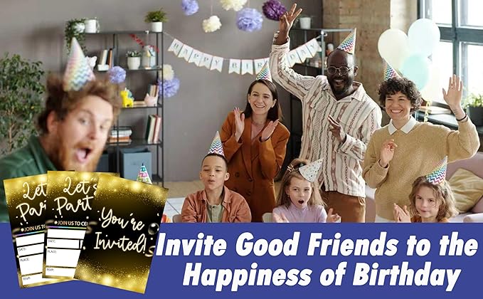 CLIRBE Let's Party Birthday Party Invitations, Golden And Black Invited Birthday Invitations For Teen Boys Girls, 20 Invites Cards With 20 Envelopes, Party Supplies Favors -H13