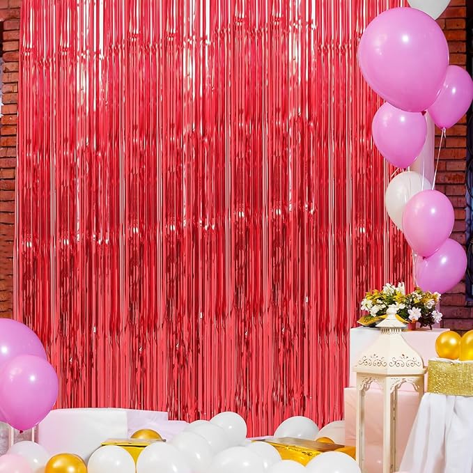 Crosize 8 Pack 3.3 x 9.9 ft Red Foil Fringe Curtains Party Decorations, Tinsel Curtain for Birthday Bachelorette Valentines Day Graduation Parties, Door Streamers