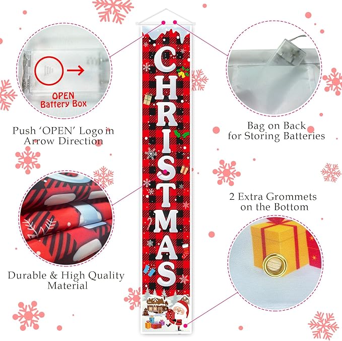 Christmas Decorations Outdoor Merry Christmas Banner with String Lights Xmas Porch Door Welcome Sign Hanging Christmas Decor Indoor for Home Holiday Outdoor Wall Front Door Yard Garage