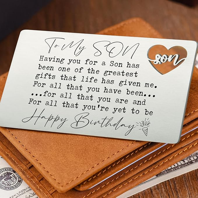 To My Son Happy Birthday Wallet Insert Card, Stainless Steel Laser-Engraved Postcard with Heart Cutout, Sentimental Birthday Gift for Son from Mom and Dad, Inspirational Pocket Keepsake QBK04
