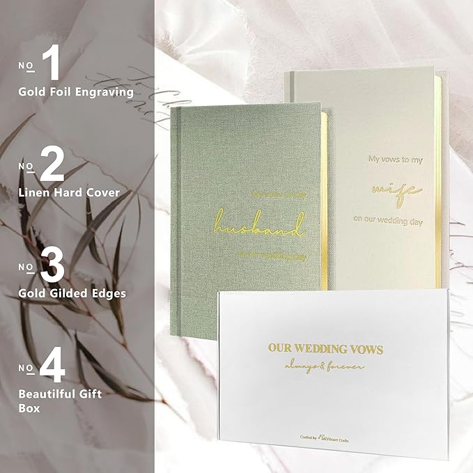 Wedding Vow Books His and Hers-Canvas Linen Foil Embossed, Set of 2 Vow Books Husband and Wife-Wedding Essentials（Sage Green + Milky White）