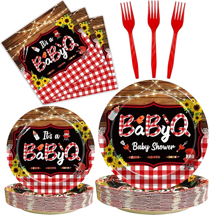 96 Pcs BBQ Baby Shower Decorations, It’s A BabyQ Party Plates and Napkins Supplies Set Sunflower Rustic Wood Barbecue Baby Shower Gender Reveal Picnic Party Disposable Tableware Kit, Serves 24