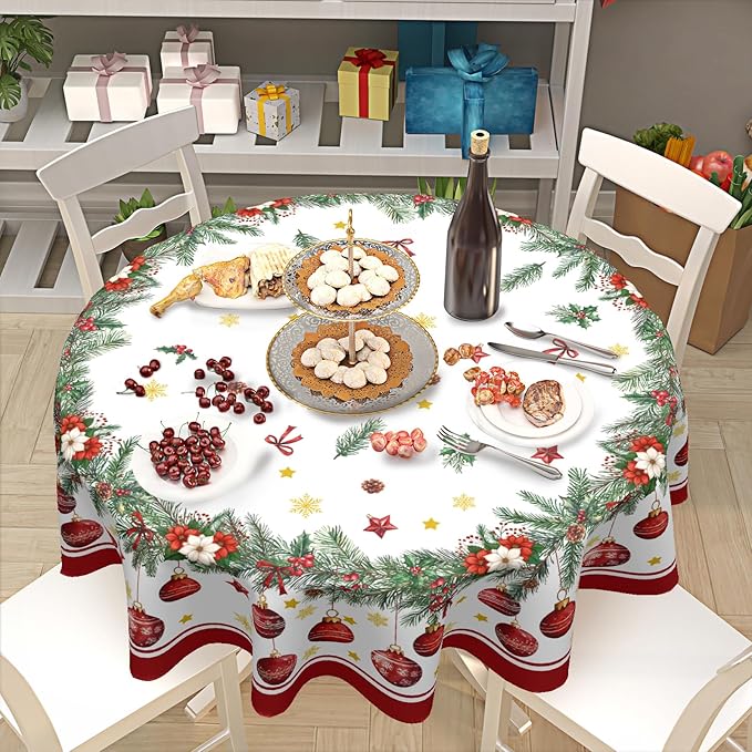 Christmas Round Tablecloth 70 Inch Xmas Bells and Snowflake Pattern Table Cloth Circle Winter Holiday Table Cover Washable Polyester Indoor Decor for Home Kitchen Dinning Party