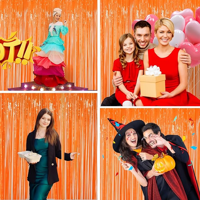 Thanksgiving Decorations Orange Streamers Fringe Backdrop 3.3x8.2ft, 2 Pack Foil Fringe Curtains for Basketball Birthday Party Decorations, Wall Door Decor Tinsel Backdrop for Halloween Bachelorette