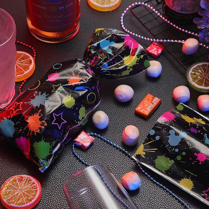 Epakh 100 Pack Neon Candy Bags Goodie Plastic Colorful Treat Glow in The Dark Party Supplies Favor Bags Neon Gift Wrap with Silver Twist Ties for Glow Birthday Party Decor