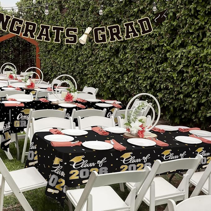 Gatherfun 2026 Graduation Decorations : 2-Pack Congrats Grad Disposable Tablecovers - Class of 2026 Black and Gold Themed Table Cloths, for Graduation Party Supplies & Graduation Backdrop, 54" X 108"