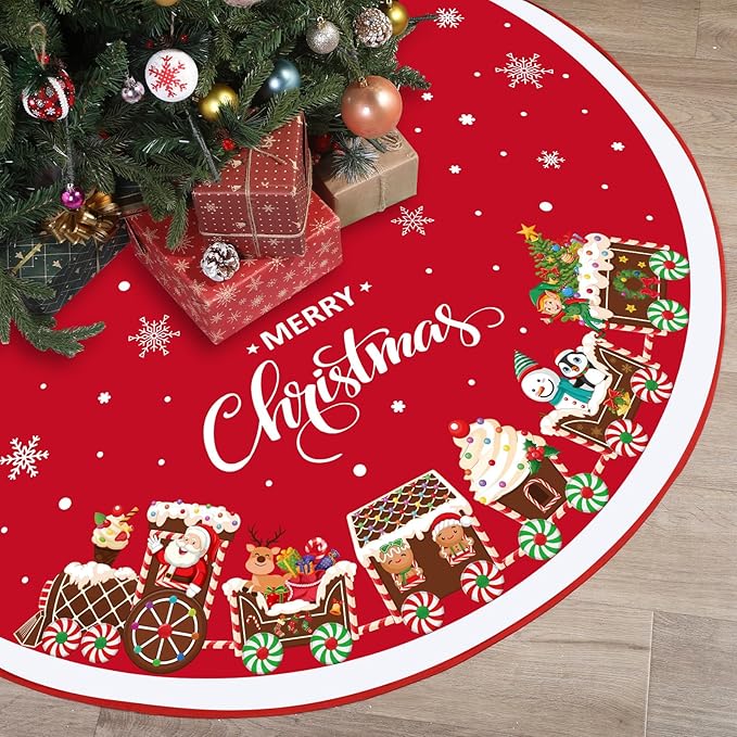 48 Inch Christmas Tree Skirt Double Layer Large Snowflake Xmas Tree Mat Decor for Winter Holiday Party Indoor Outdoor Christmas Decorations(Red,Train)