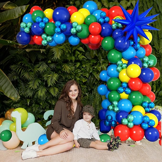 Red Blue Yellow Green Balloons Garland Arch Kit Primary Colors Balloon Arch with Explosion Star Foil Balloons Metallic Blue Green Balloon for Carnival Party Decorations