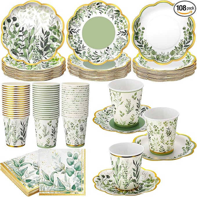 Yungyan 108 Pcs 36 Guests Greenery Plates and Napkins Party Supplies Sage Green and Gold Scalloped Disposable Eucalyptus Paper 6" Plates, Napkins and 9 oz Cups Set for Baby Shower Wedding Decoration