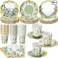 Yungyan 216 Pcs 72 Guests Greenery Plates and Napkins Party Supplies Sage Green and Gold Scalloped Disposable Eucalyptus Paper 6" Plates, Napkins and 9 oz Cups Set for Baby Shower Wedding Decoration