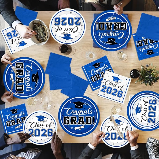 Graduation Party Plates and Napkins Blue Class of 2026 Grad Congrats Party Supplies Disposable Dessert Paper Plates Cocktail Napkins forGraduation Party Decorations,Serve 50