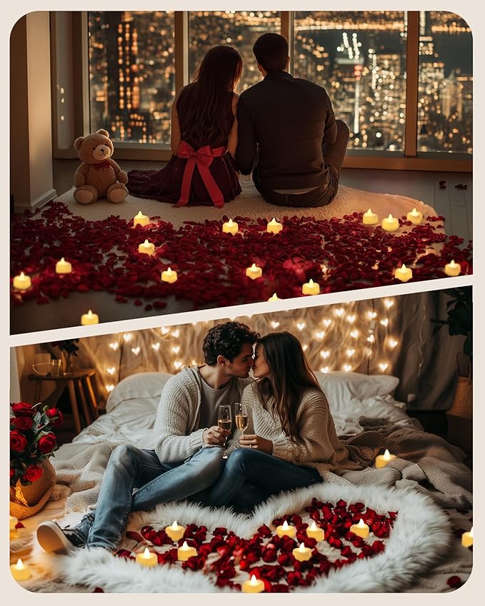 Amagic 4000 Pieces Artificial Rose Petals with 50 Heart LED Tea Lights Candles Kit, Rose Petals and Candles Set for Proposal, Anniversary, Special Romantic Night, Wedding Table Decor