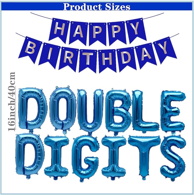 53 Pieces 10th Birthday Decorations Double Digits Party Balloons Happy Birthday Banner Number 10 Balloons Blue Silver Foil Balloons Latex Balloons for 10 Year Old Boy Birthday Party (Blue)