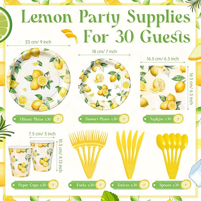 Honeydak 210 Pcs Lemon Party Decorations Summer Lemon Birthday Party Supplies Plates Napkins and Forks Tableware for Yellow Baby Shower Bridal Shower