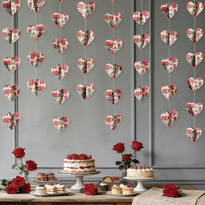 Heart Party Decorations Vintage Red Rose 3D Love Heart Newspaper Hanging Floral Recycled Book Garland Streamer Banner for Valentines Day Anniversary Birthday Wedding Engagement Holiday Party Supplies