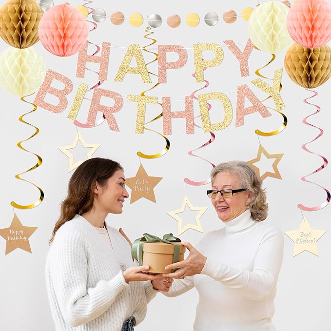 Birthday Decorations Pre-Strung Happy Birthday Banner for Women Girls Champagne Gold Birthday Banners with Pennant Honeycomb Balls Cake Topper Stars Hanging Swirl Streamers Circle Dots Garland