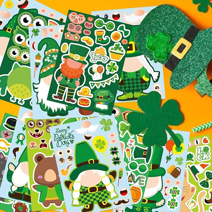 48 Sheets St. Patrick's Day Make a Face Stickers, Saint Patrick's Gnomes and Animals Crafts Stickers for Kids, Classroom Gifts and Party Favors Supplies