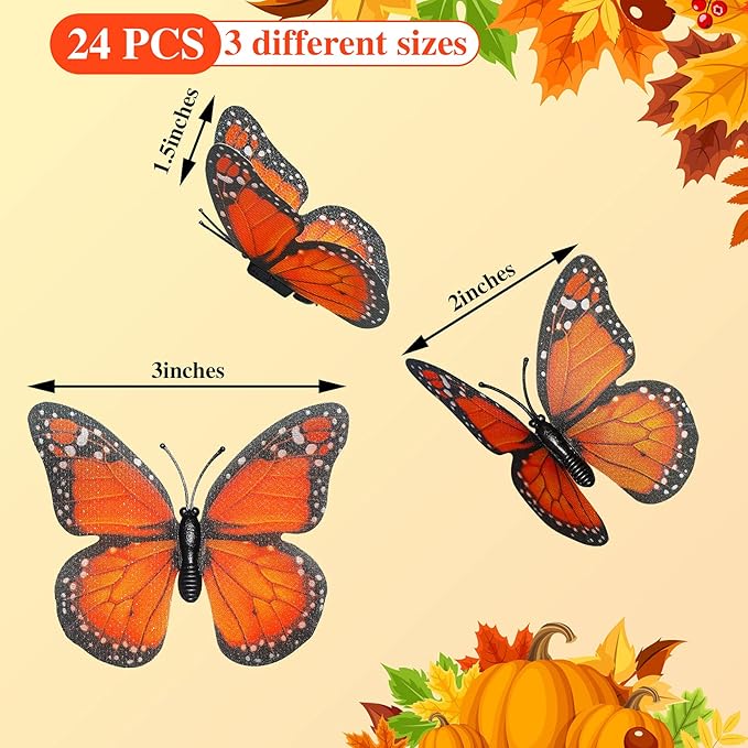 Waydress 24 Pieces Halloween Monarch Butterfly Decorations 3 Size Artificial Monarch Butterflies Wall Decor 3D Butterfly Wing Wall Art with Wire for Fall Wedding Home Bedroom Decorations(Orange)