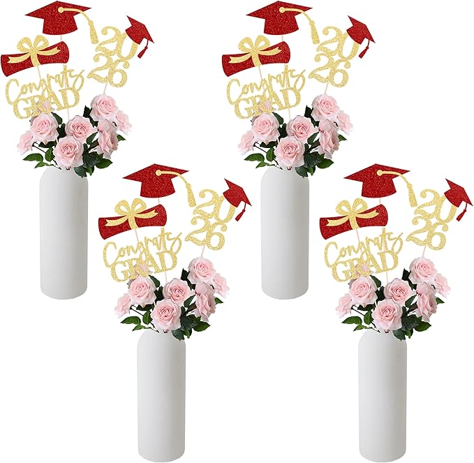 Gexolenu 16 PCS Gold and Red Double-Sided 2026 Graduation Centerpieces for Tables, 2026 Table Toppers Party Centerpiece Sticks Party Supplies, Graduation Party Decorations Class of 2026, Set of 4