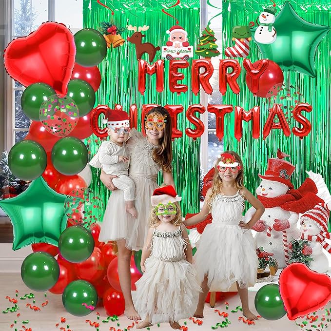 Red Green Christmas Decorations with Green Fringe Curtains, Heart Stars Confetti Balloon, Merry Christma Foil Balloons, christmas Glasses Frames and Hanging Swirls for Xmas Party Supplies