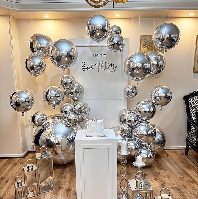 14 Pcs Silver Round Foil Balloons 22/15/10 4D Ball Balloons Metallic Silver Balloon Ornament Mylar Balloon Chrome for Graduation Birthday Wedding Anniversary New Year Disco Party Decorations