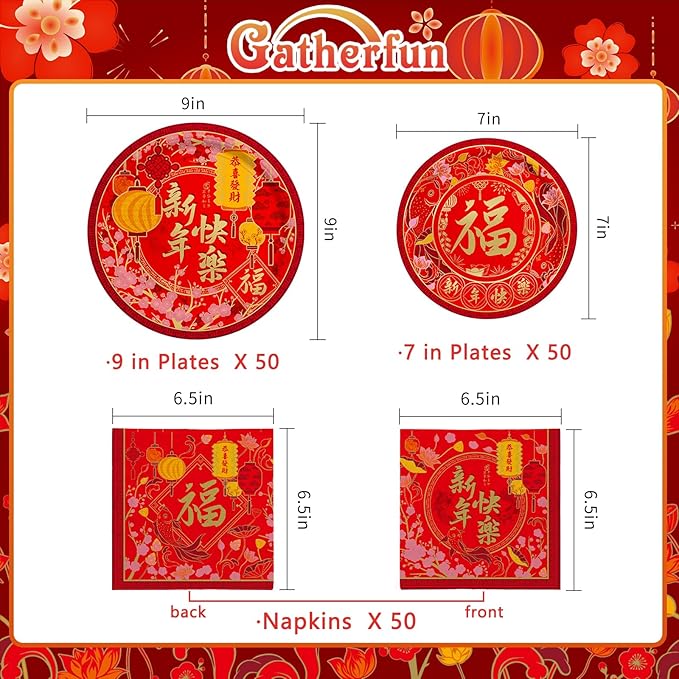 Chinese New Year Party Supplies Kit : Happy New Year Design Decorations Set with Disposable Lunch Plates,Dessert Paper Plates and Napkins- for Lunar New Year Celebrations Serves 50.