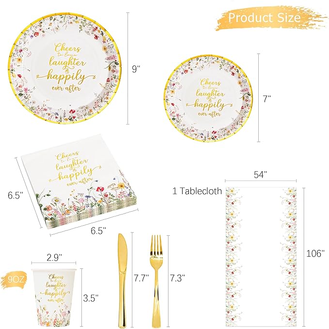 Crisky Bridal Shower Plates and Napkins Gold Cheers to Love Disposable Tableware Set of 24 for Engagement Bridal Shower Wedding Party Decorations (Plates, Napkin, Cups, Tablecloth, Knife & Fork)