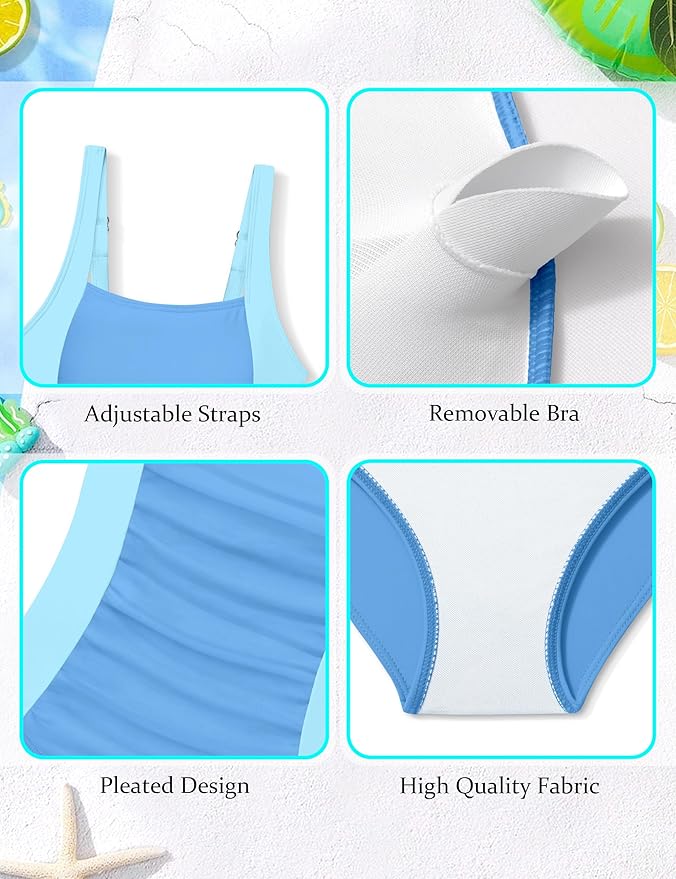 Girl Swimsuit One Piece Bathing Suit for Girls Solid Color Ruched Adjustable Straps Padded Swimwear 9-16y