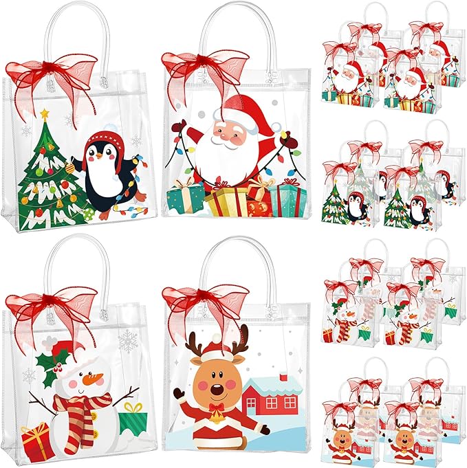 Henoyso Christmas Clear Gift Bags Plastic Candy Treat Goodie Bags Red Foil Santa PVC Wrap Totes with Handles and Ribbon Xmas Party Favors (Santa and Snowman,7.8 x 7.8 x 3.1 Inch,24 Pcs)