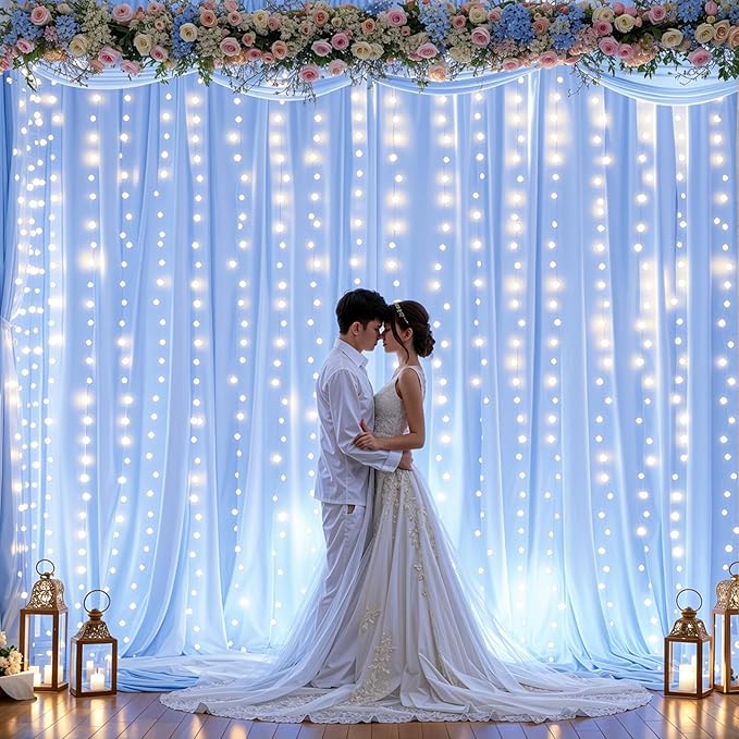 10ft x 10ft Baby Blue Chiffon Backdrop Curtain with Lights String for Parties,2 Panels Sheer Tulle Curtain Wedding Photo Backdrop with Lights for Baby Shower Birthday Party Ceremony Home Decorations