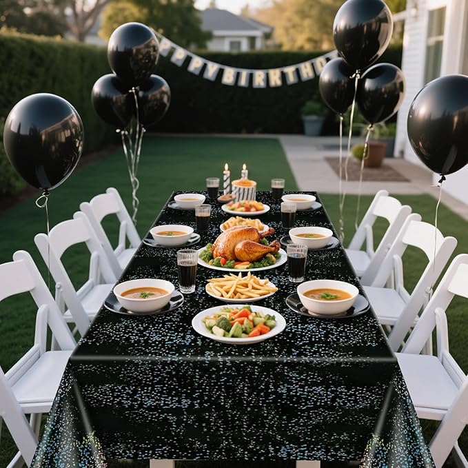 4Pcs Black Holographic Tablecloth Rectangular Black Iridescent Tablecloth Shimmer Metallic Table Covers for Halloween Anniversary Graduation Retirement Party Supplies, 54 x 108inch