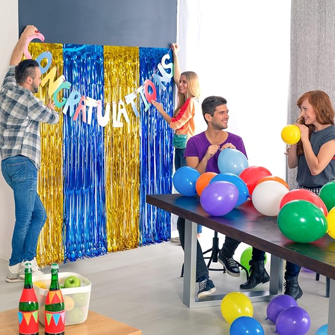 LOLStar Graduation Party Decoration, 4 Pack Blue and Gold 3.3x6.6 ft Foil Fringe Curtains, Tinsel Backdrop, Graduation Photo Booth Prop Streamer Backdrop for Class of 2026, Prom and Grad Party Decor