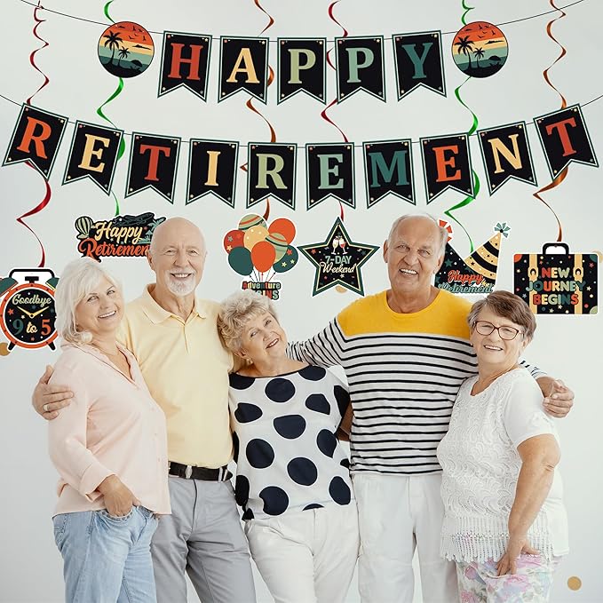 Vlipoeasn Retirement Decorations for Men Women, Colorful Vintage Retirement Party Set with Banner Honeycomb Centerpieces Hanging Swirls, Office Retired Farewell Decor